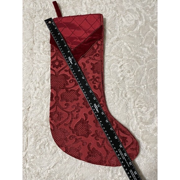 Cranberry Red Floral Christmas Holiday Stocking Embroidered Satin Velvet Trim - Picture 4 of 6